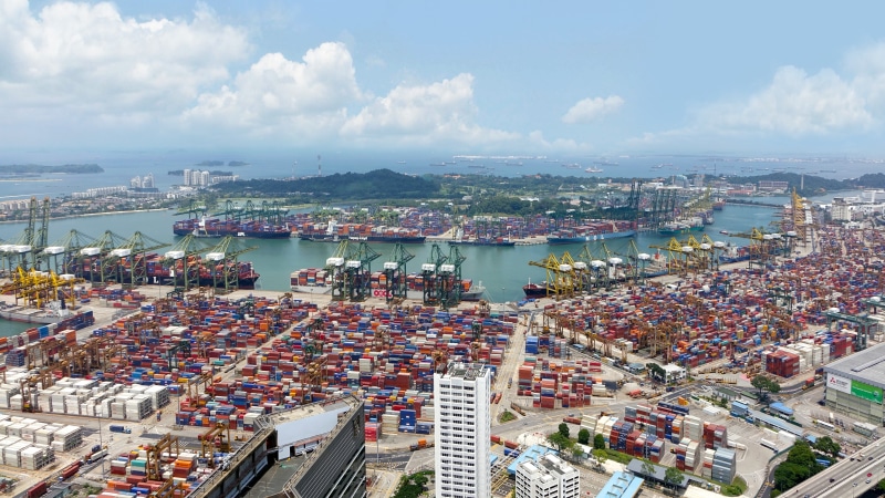 5K, international, cloud - sky, delivery, freight Transportation, high angle view, cityscape, building exterior, near, port, container, business, containers