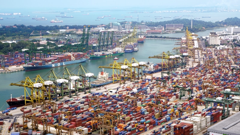 high angle view, pier, nautical vessel, freight, water, mode of transportation, logistic, sky, cityscape, ships, trading, sea, built structure, international