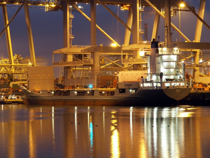 evening, sea, water, night, rotterdam, pier, buildings, 2K, lights, loading, reflections, unloading, port, goods, freight Transportation, container, mode of Transport