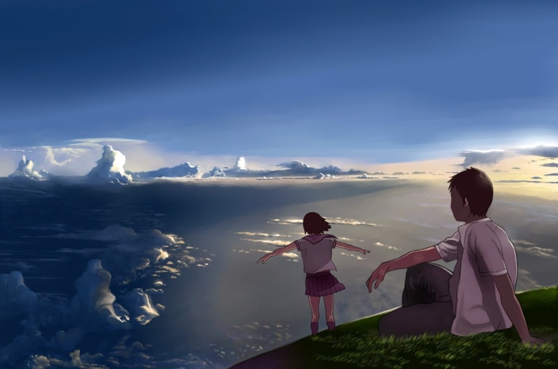 hill, daylight, rear view, women, water, environment, men, scenics - nature, 720P, anime, cloud - sky, outdoors, leisure activity, females, mountain range