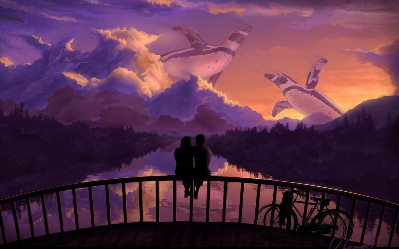 bikes, art, romantic, sunset, bridge, penguins, couple, 2K, other love