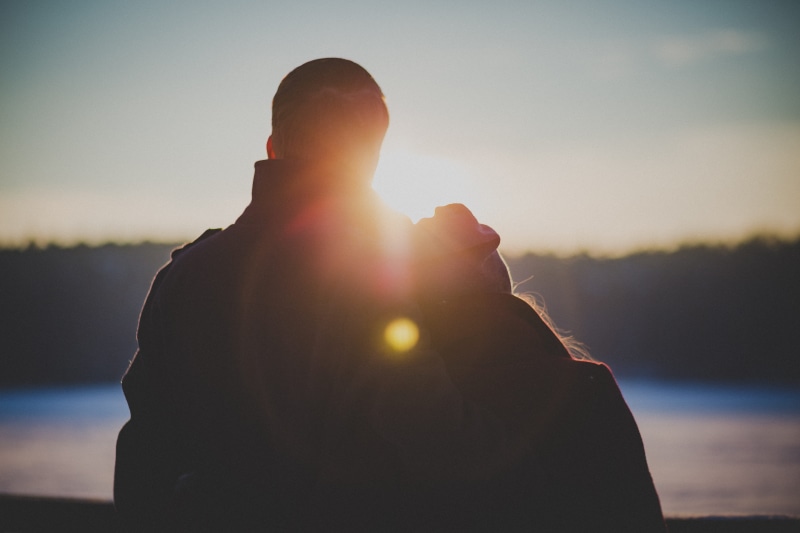 love, tranquility, sun, silhouette, together, sky, date, outside, men, nature, couple, rear view, outdoors, sunrise, portrait, romance, one person, sunlight