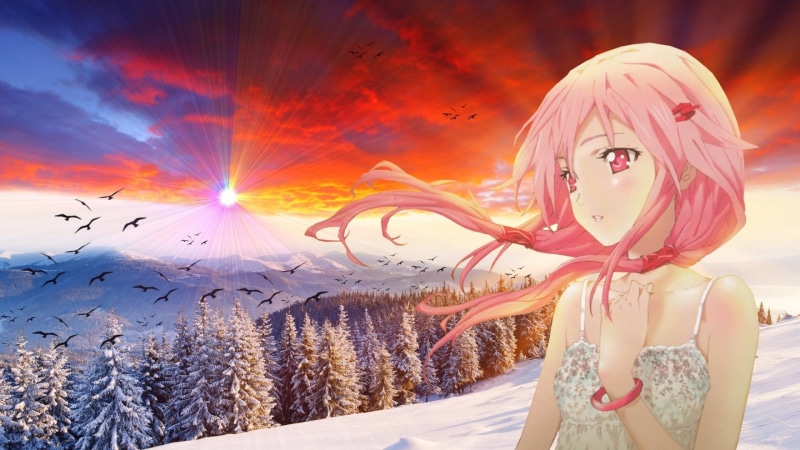 tree, cloud - sky, no people, sky, day, Yuzuriha Inori, plant, winter, anime, outdoors, clothing, celebration, human representation, sunlight, anime girls