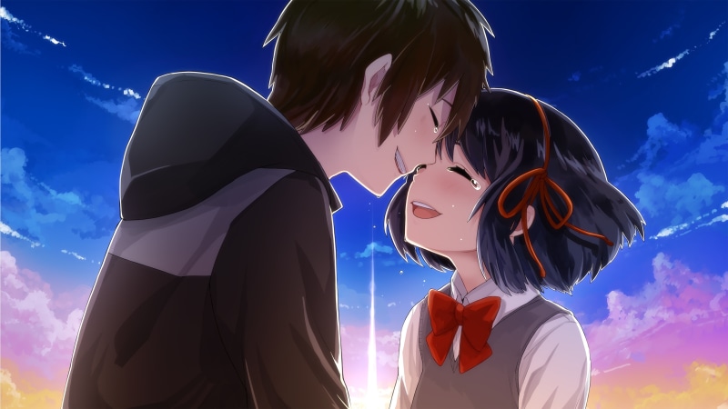 poster, love, outdoors, k, hairstyle, bonding, two people, standing, togetherness, sky, adult, sunlight, girls, hair, tears, low angle view, anime, ul