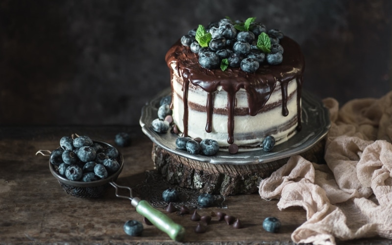 cake, blueberries, chocolate, berries, food, 1080P
