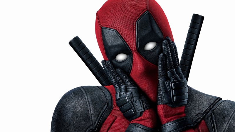 white background, obscured face, aggression, leather, studio shot, pool, copy space, front view, warm clothing, Deadpool, red, glove, men, indoors, protection
