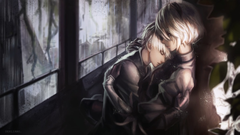 sadness, contemplation, males, child, 2K, emotion, waist up, NieR, hugging, one person, 2B (Nier: Automata), looking, casual clothing, window, hair, men