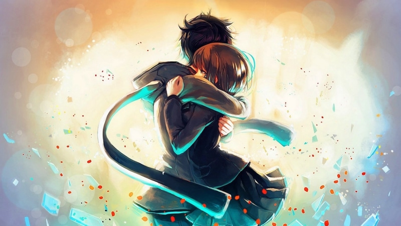 happiness, hug, girl, anime, anime guy, hugging, anime girl, anime boy, sky, graphics, illustration, cool, anime art, manga art, 1080P, art, artwork