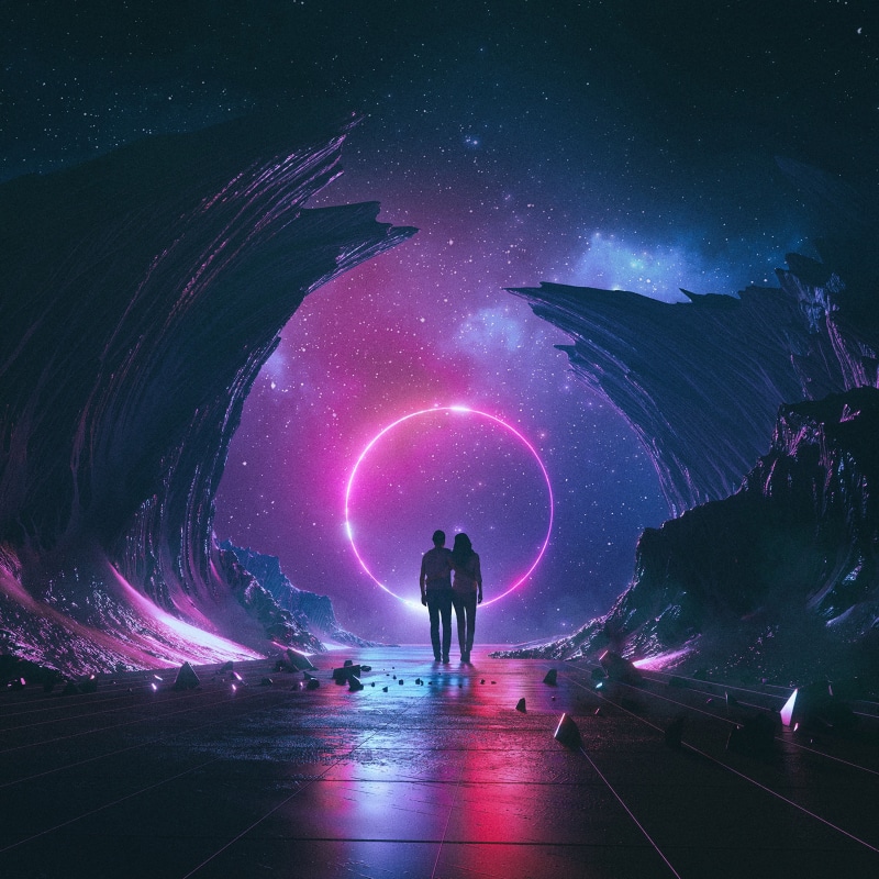 art, space, starry sky, hugs, couple, 2K