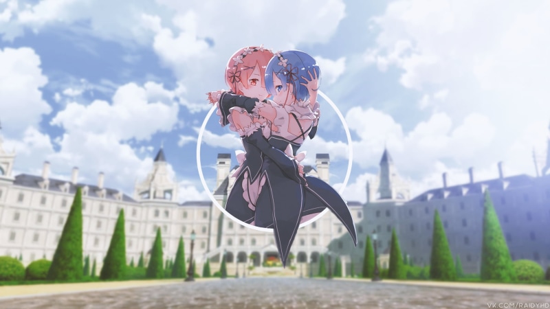 picture-in-picture, 1080P, blue, positive emotion, day, hugging, red, architecture, emotion, Rem (Re: Zero), building exterior, full length, anime, built structure