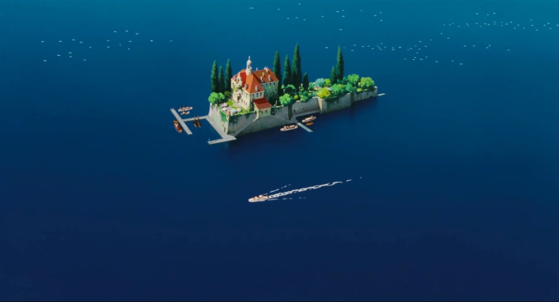 anime, 1080P, island, Studio Ghibli, water, boat, landscape, house, castle, mansions, sea, Porco Rosso