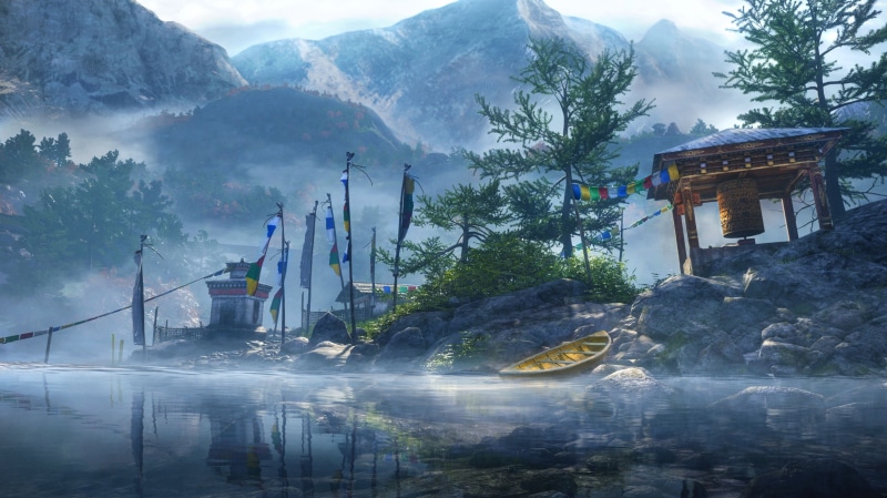 sky, plant, Far Cry 4, smoke - physical structure, Himalayas, belief, fog, screenshot, religion, building exterior, day, nature, tree, built structure