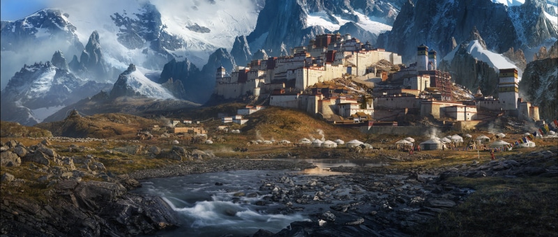 landscape, creeks, Tibet, ultrawide, mountains, tent, 1080P, fortress