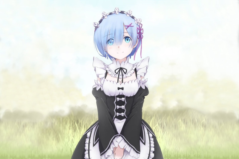 standing, plant, unrecognizable person, blue eyes, front view, maid outfit, field, lifestyles, ribbon, day, one person, grass, land, 1080P, Re:Zero Kara Hajimeru Isekai Seikatsu