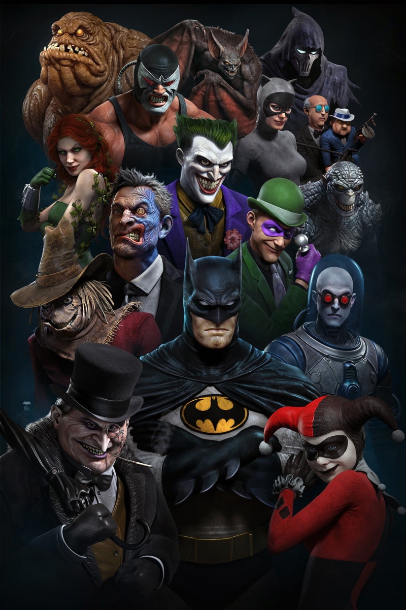 Harley Quinn, The Penguin, Scarecrow (character), Poison Ivy, Bane, Killer Croc, 720P, Catwoman, Harvey Dent, ArtStation, artwork, Joker, Mr. ze, The Riddler