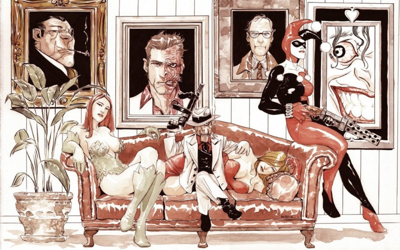 ventriloquist, hd, sofa, man, cartoon/comic, harley, iv, ivy, holding, penguin, batman, scarface, painting, 720P, poison, joker, rifle, two, face, scarecrow