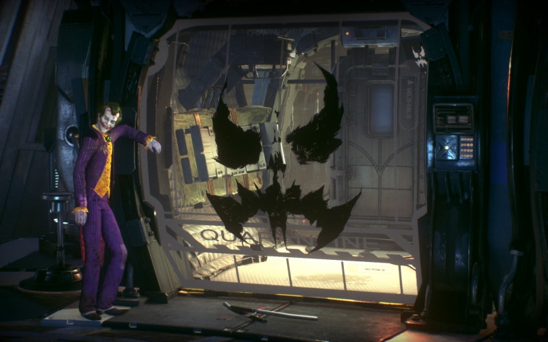black, Joker, cabinet, Batman: Arkham Knight, entrance, door, outdoors, clothing, 1080P, glass - material, reflection, art and craft, one person, wooden