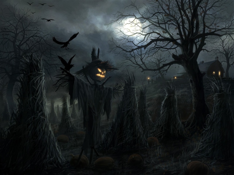 night, scarecrows, Halloween, fantasy art, 720P, Moon, raven