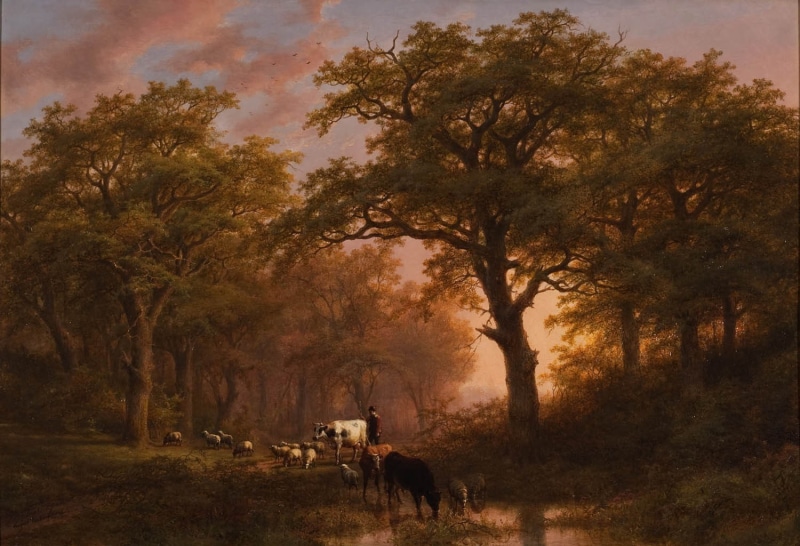 forest, livestock, cattle, trees, herbivorous, mammal, walking, landscape, domestic, no people, plant, outdoors, animal themes, nature, painting, animals in the wild
