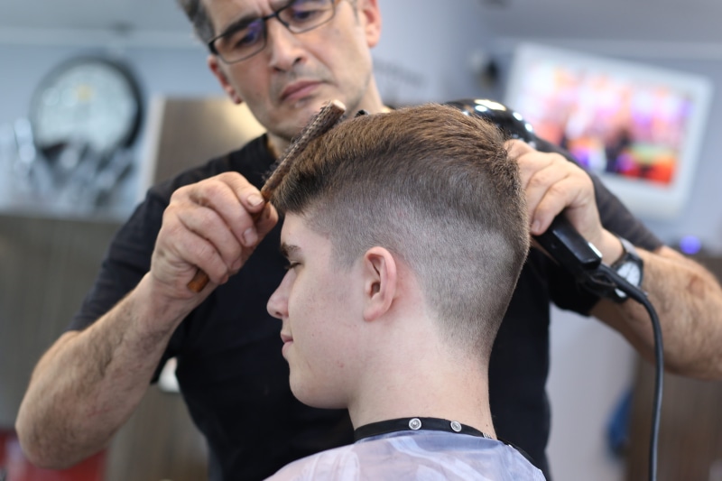 two people, business, hair care, working, people, occupation, haircut, hairdresser, cutting hair, hair salon, human hair, body care, headshot, indoors