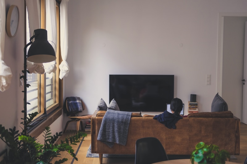 office, living room, lamp, couch, potted plant, indoors, window light, screen, interior design, woman, modern, wooden, computer, person, domestic room