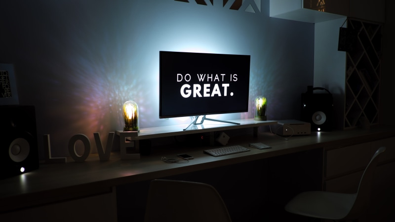 table, home interior, turned, screen, keyboard, computer monitor, domestic room, white, text, lighting equipment, communication, logo, technology, computer equipment