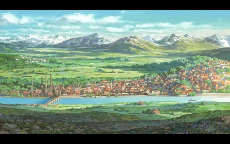 mountain range, water, transfer print, Movie, tranquil scene, scenics - nature, nature, plant, outdoors, tranquility, Howls Moving Castle, beauty in nature