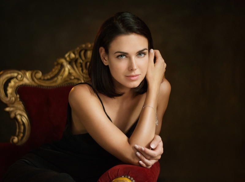 model, black hair, smiling, green eyes, short hair, women, 1080P, touching hair, dark hair, brunette, portrait, Irina Antonenko, black dress