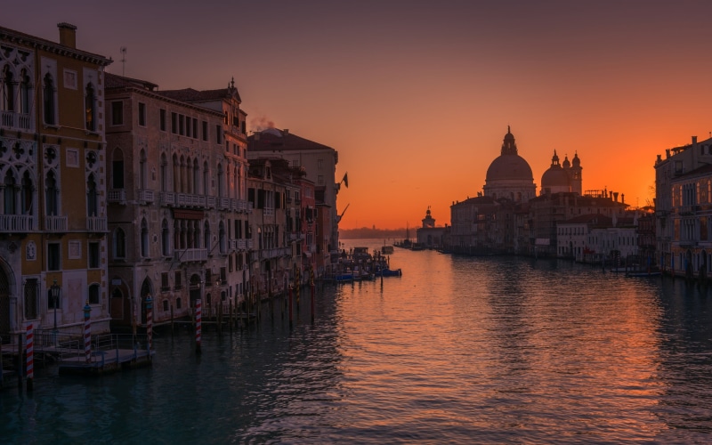 beauty in nature, transportation, sunset, mode of transportation, water, Italy, buildings, building exterior, built structure, tourism, nature, brown, sky