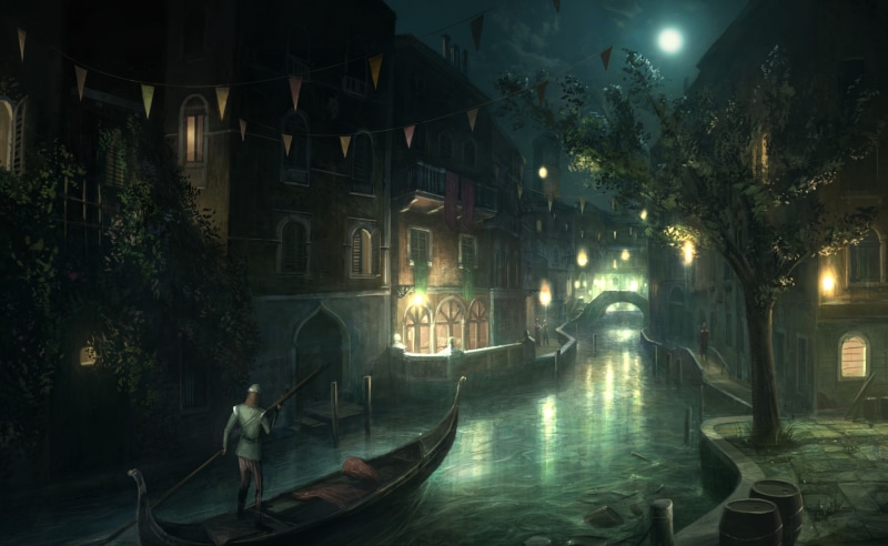 creed, video game, building exterior, Venice, Games, gondola - traditional boat, nautical vessel, Artwork, man, Assassins Creed, boat, architecture, mode of transportation