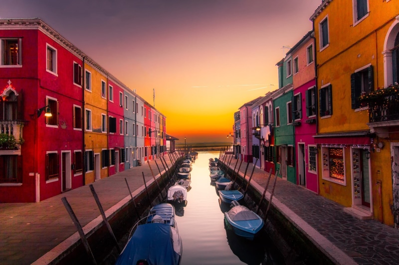 red, no people, clouds, nautical vessel, travel destinations, dusk, structures, canal, travel, gondola - traditional boat, old, venice, near, colors, hdr