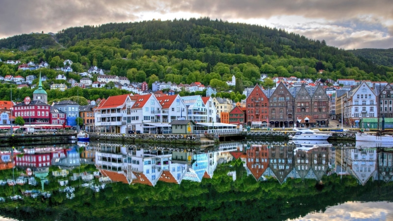 Norway, water, building exterior, built structure, hills, city, cloud - sky, Bergen, trees, no people, mountain, plant, nature, outdoors, tree, sky, reflection