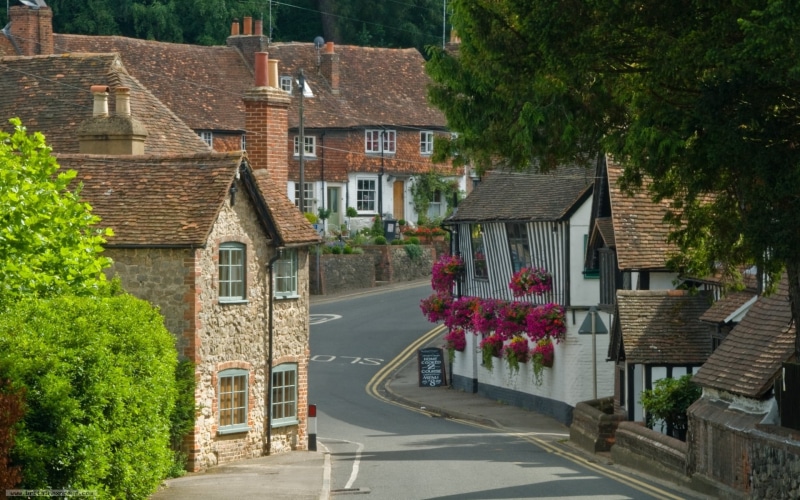 color Image, history, travel, tourism, famous Place, tree, old-fashioned, England, sign, town, rural Scene, high angle view, window, roof, house, plant