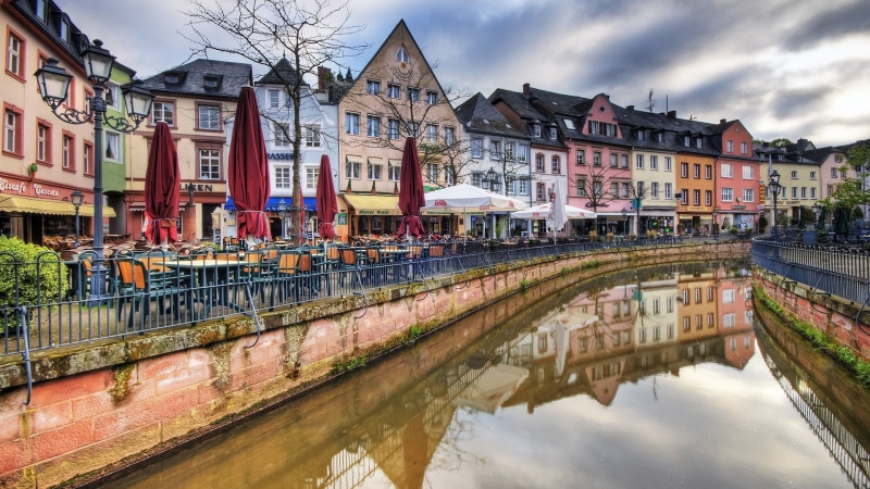 bridge, Saarburg, row house, bridge - man made structure, reflection, transportation, waterfront, house, 1080P, canal, city, building, cityscape, arch bridge