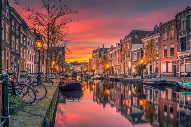 reflection, townhouse, waterfront, bridge - Man Made Structure, dusk, twilight, illuminated, built Structure, 5K, town, street, building, netherlands