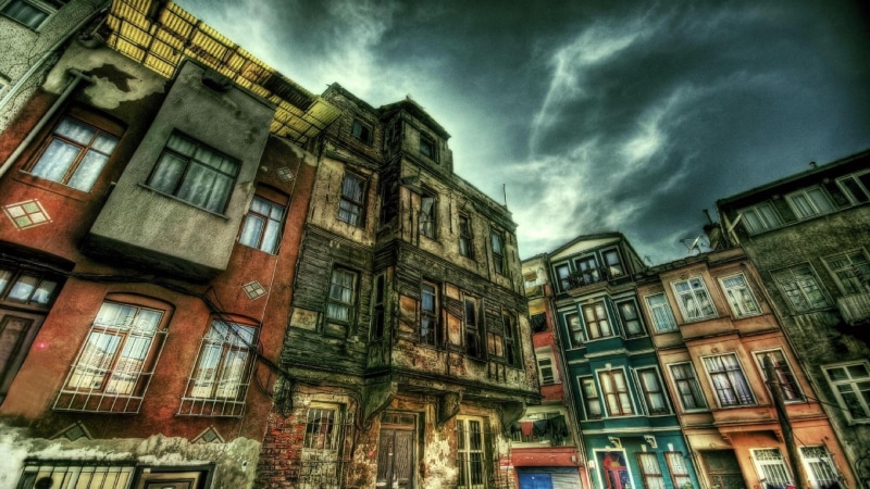 low angle view, sky, overcast, cloud - sky, built structure, row house, architecture, Istanbul, HDR, Turkey, window, house, no people, nature, building exterior