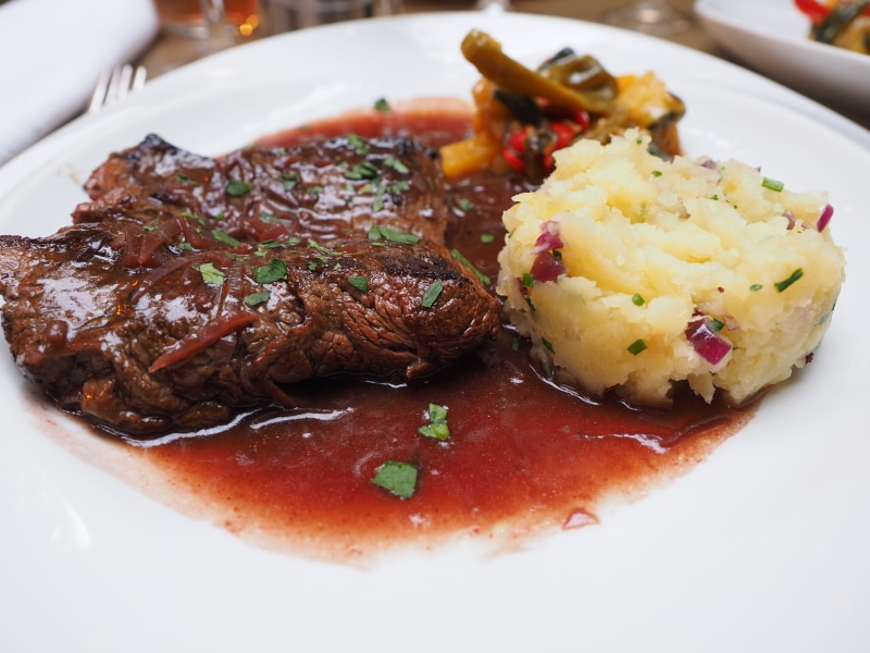 vegetable, no people, table, still life, ribeye, high angle view, 4K, prepared potato, crockery, ready-to-eat, freshness, steak, food and drink, close-up