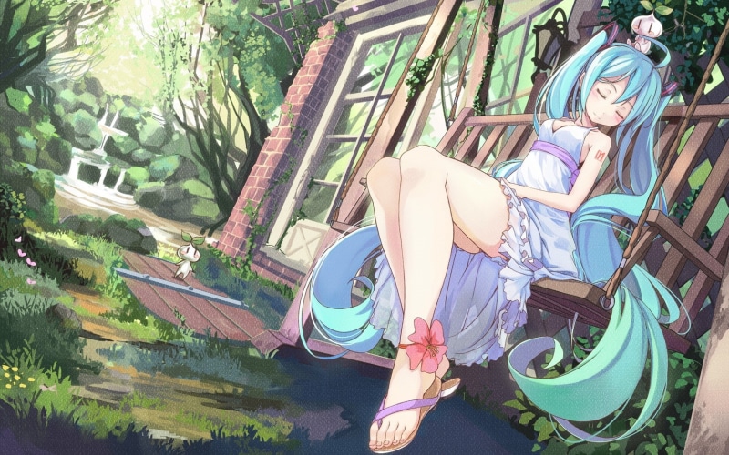 hd, hatsune, sleeping, Trees, architecture, grass, anime, waterfalls, flowers, 720P, dress, miku, blue, art, vocaloid, houses, hair, long