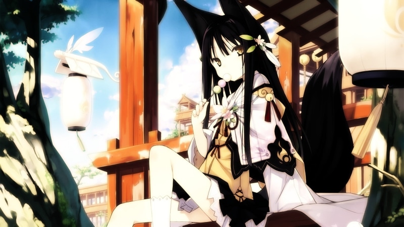 long, skys, hair, kitsune, yellow, hd, houses, ears, socks, 1080P, bells, flowers, eyes, architecture, art, tails, brunettes, animal, trees, food