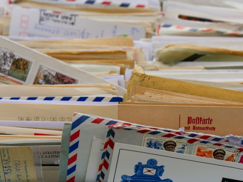collector, large group of objects, paper, address, send, box - container, box, close-up, retail display, multi colored, indoors, write, correspondence