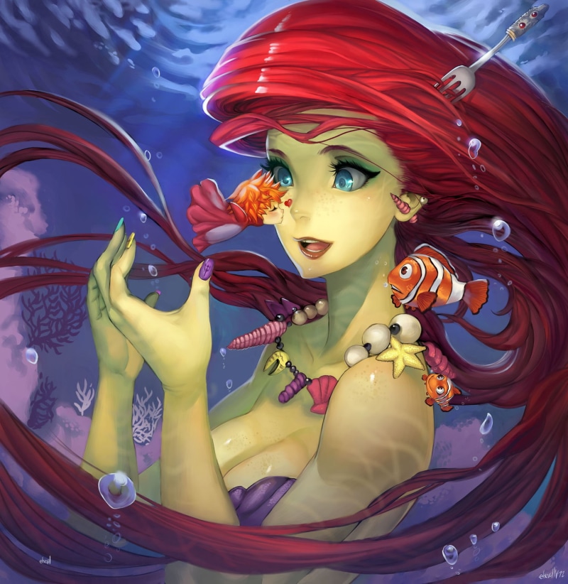 female likeness, outdoors, multi colored, art and craft, close-up, nature, The Little Mermaid, day, spirituality, statue, paint, cartoon, Finding Nemo