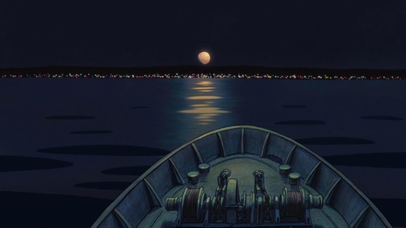 place of worship, building exterior, moonlight, built structure, travel, water, nature, reflection, spirituality, travel destinations, no people, hayao miyazaki ponyo