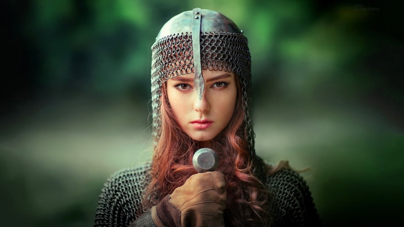 portrait, 1080P, hairstyle, Olga Boyko, background, makeup, beauty, mail, helmet, greens, sword, knight, girl, bokeh, A warrior