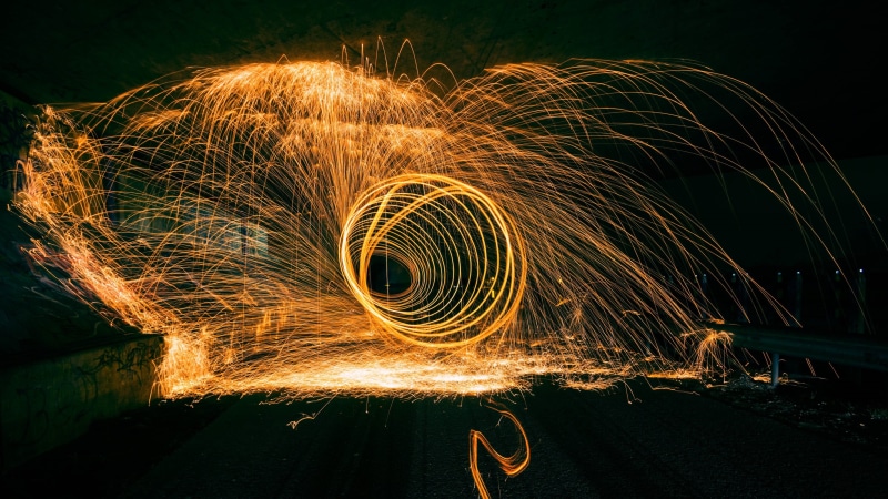 geometric shape, illuminated, 4K, spinning, blurred motion, sparks, shape, burning, nature, arts culture and entertainment, round, wire wool, motion, timelapse