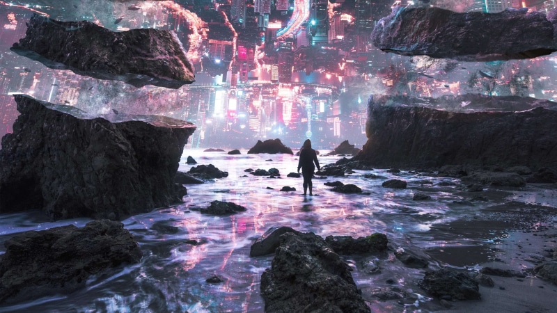 upside down, city, fantasy art, surreal, digital art, 4K, rocks, women, sea, rock