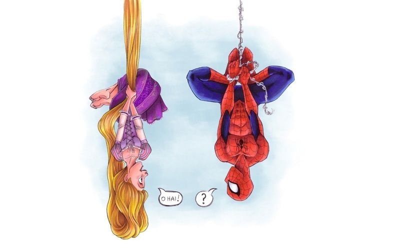 crossover, man, tangled, spider-man, rapunzel, comic books, spider, upside, books, 720P, spider-girl, comic, girl, disney, movies, upside down