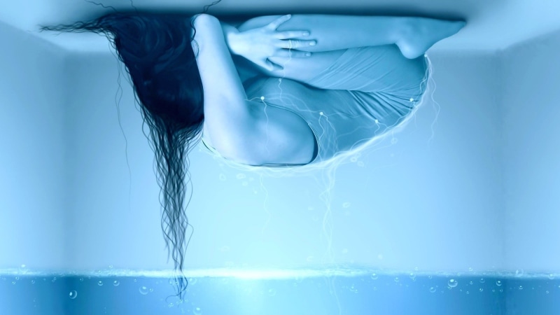 refreshment, human body part, one person, long hair, beautiful woman, young adult, nature, hand, front view, adult, blue, close-up, artwork, women, cyan
