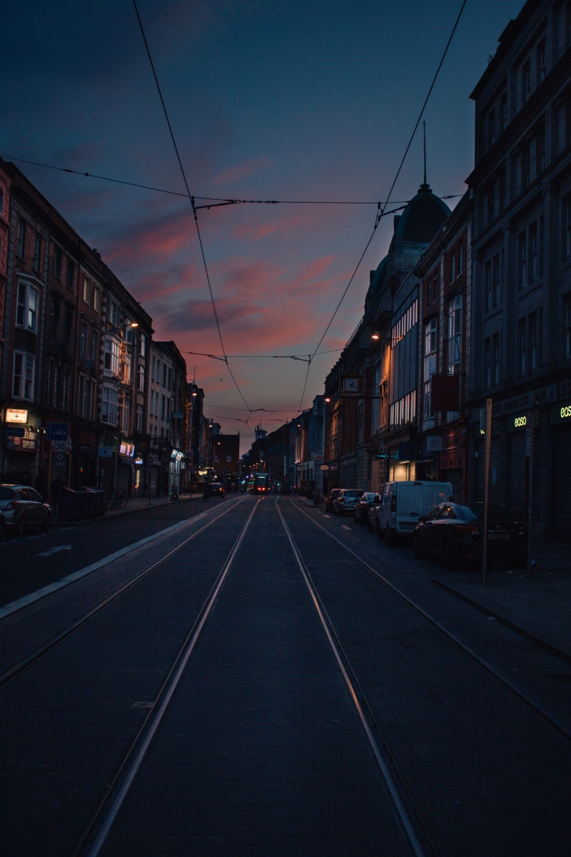 transportation, night reflection, track, night lights, abbey street middle, no people, city, rail transportation, outdoors, ireland, built structure, architecture