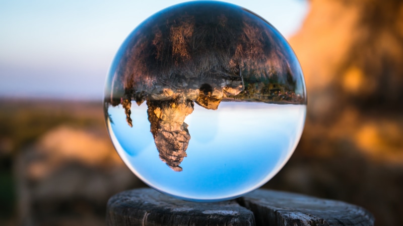 close-up, sphere, rock, mountains, crystal ball, environment, ornament, day, 4K, shape, glass, landscape, depth of field, trunks, clear sky, water, nature