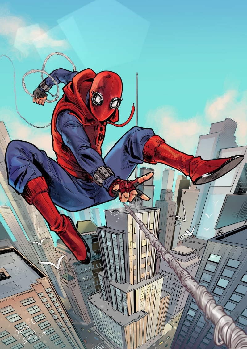 Marvel Comics, hood, boots, Spider-Man, 2K, Spider-Man: Homecoming, Rafael Sam, city, illustration, Spider-Man Homecoming (Movie), Spider-Man: Homecoming (2017)